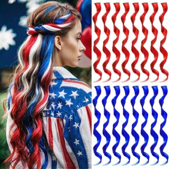New 16PCS Curly Wavy Red Blue Streaks Synthetic Hairpiece Clip-in Hair Extension